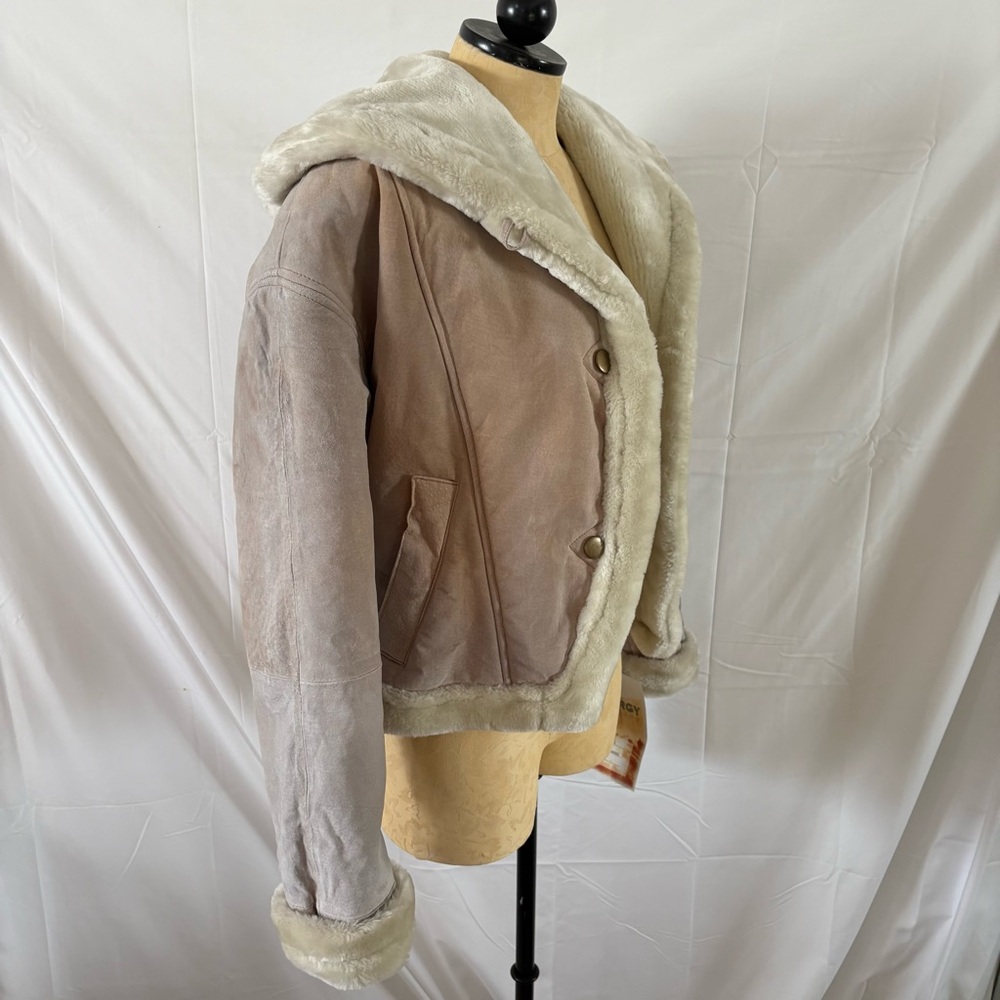Vintage synergy leather fur trimmed coat new with tags deadstock cream tan S - Picture 4 of 6